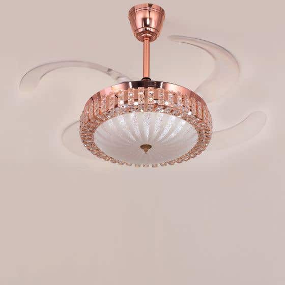 Fly Far (44" Span, Rose Gold Finish Metal Body, Transparent ABS Plastic) Dimmable LED Crystal Chandelier Ceiling Fan