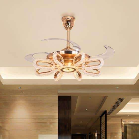 Glowed Up (44" Span, Matte Gold Finish Metal Body, Transparent ABS Blades) Dimmable LED with Remote Control Crystal Chandelier Ceiling Fan