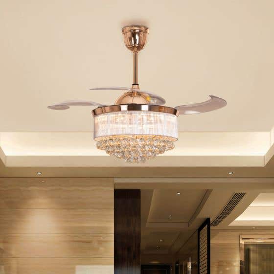 Drop Dead Gorgeous (44" Span, Matte Gold Finish Metal Body, Transparent ABS Blades) Dimmable LED With Remote Control Crystal Chandelier Ceiling Fan