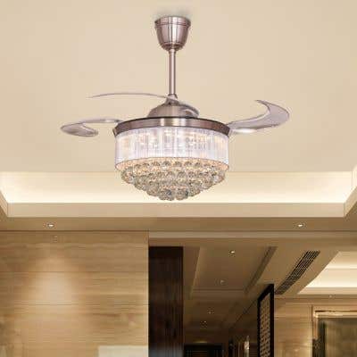 Drop Dead Gorgeous (44" Span, Chrome Finish Metal Body with Silver Shade, Transparent ABS) Dimmable LED Crystal Chandelier Ceiling Fan